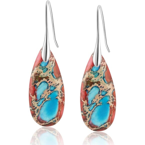 Red Blue -Silver Hook Natural Stone Fishhoop Dangle Statement Earring for Women - Picture 1 of 6